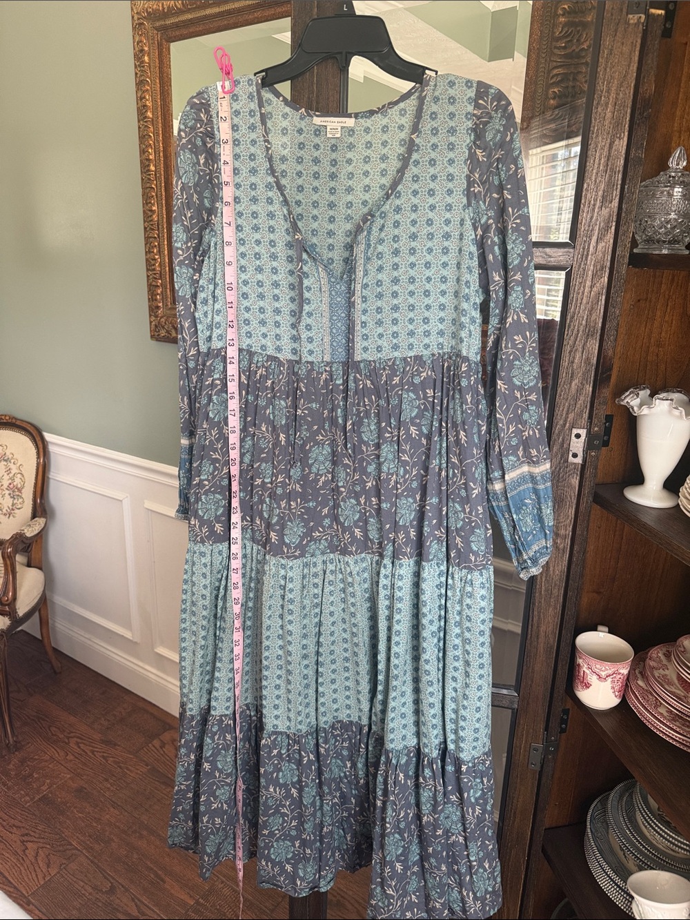 American Eagle Boho Tiered Long Sleeve Maxi Dress - Blue Floral